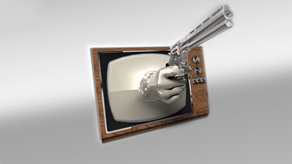 Image of a hand holding a gun coming out of a tv screen